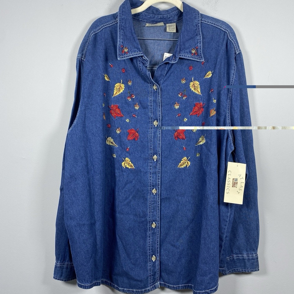At Last & Co Button Down Shirt Women 22 24 W Blue Denim Embroidered Fall Leaves